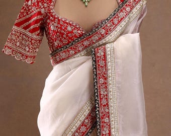 Embroidered Organza Silk Saree | Red Sequin Blouse, Jari Border