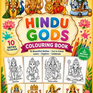 Può includere: Un libro da colorare colorato dei dei indù con illustrazioni di divinità. La copertina presenta immagini vivaci di dei e dee, con il titolo "HINDU GODS COLOURING BOOK" in grandi lettere multicolori. Include 10 divinità da colorare.