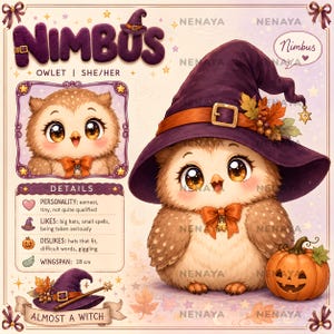 May include: A digital illustration of a brown owlet named Nimbus wearing a purple witch hat with an orange belt and autumn leaves. The owlet has a small orange bow tie and stands next to a jack-o'-lantern. Text includes details and a wingspan of 18 cm.