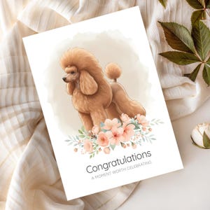 Op de afbeelding: Wenskaart met een aquarel illustratie van een bruine poedel met een pluizige vacht, omringd door roze bloemen en groene bladeren. De kaart leest "Gefeliciteerd" en "Een moment om te vieren."
