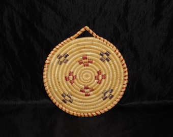 Vintage Alaska Native Eskimo Coiled Sea Grass Basket Flat Wall Hanging Purple Red Design Hand Woven 6&quot; dia