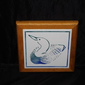 Connie Englebrecht Brecht Studio Alaska White Blue Loon Tile Trivet Wall Hanging Signed Sand Carved Hand Glazed