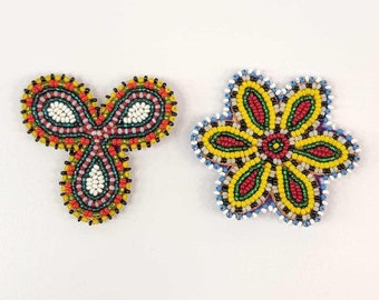 Alaska Native Made Beaded Flower Pins Felt Back Applique Patch Inuit Hand Made Yellow Red 3" Dia Set 2