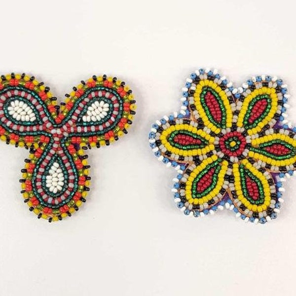 Alaska Native Made Beaded Flower Pins Felt Back Applique Patch Inuit Hand Made Yellow Red 3" Dia Set 2