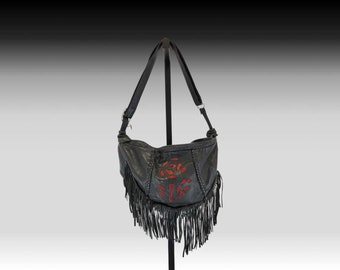 Vtg Black Red Rose Leather Fringe Hobo Motorcycle Biker Shoulder Bag Purse Used with Wear