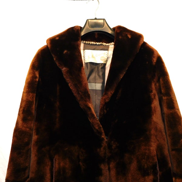 Vintage May Fur Co Dark Brown Mouton Lamb Fur Coat Soft Shearling Sheep Fur Woman Hook Front USA Made