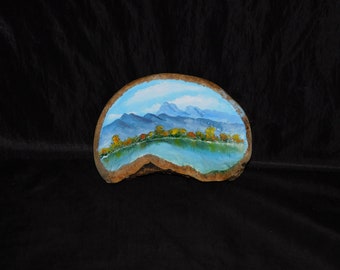 Alaska Lake Shore Landscape Hand Painted Birch Bracket Polypore Blue Water Autumn Trees Mountains Folk Art