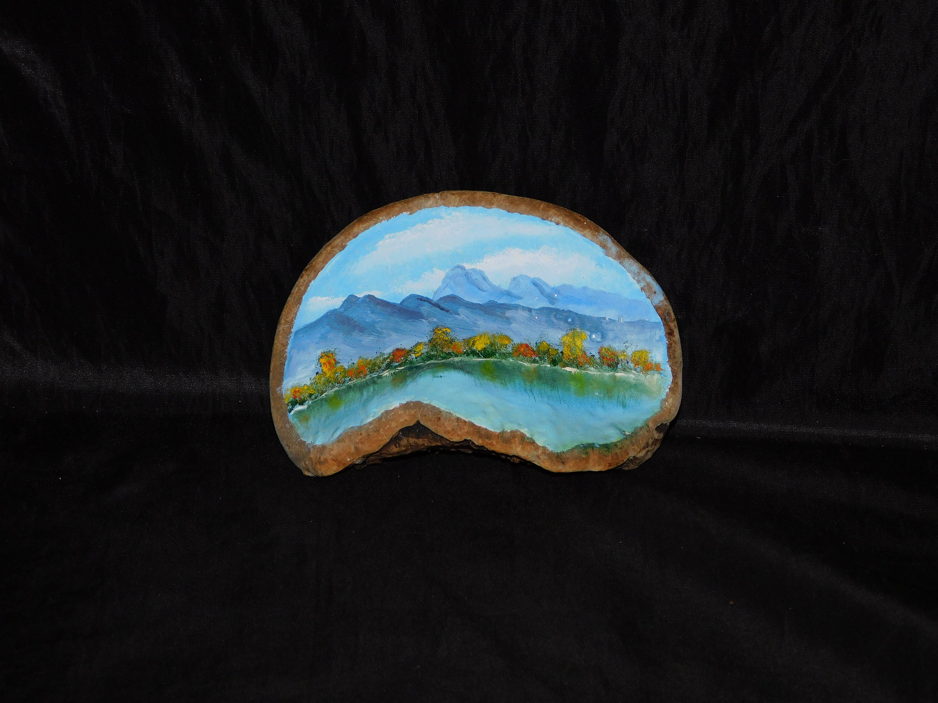 Alaska Lake Shore Landscape Hand Painted Birch Bracket Polypore Blue Water Autumn Trees Mountains Folk Art