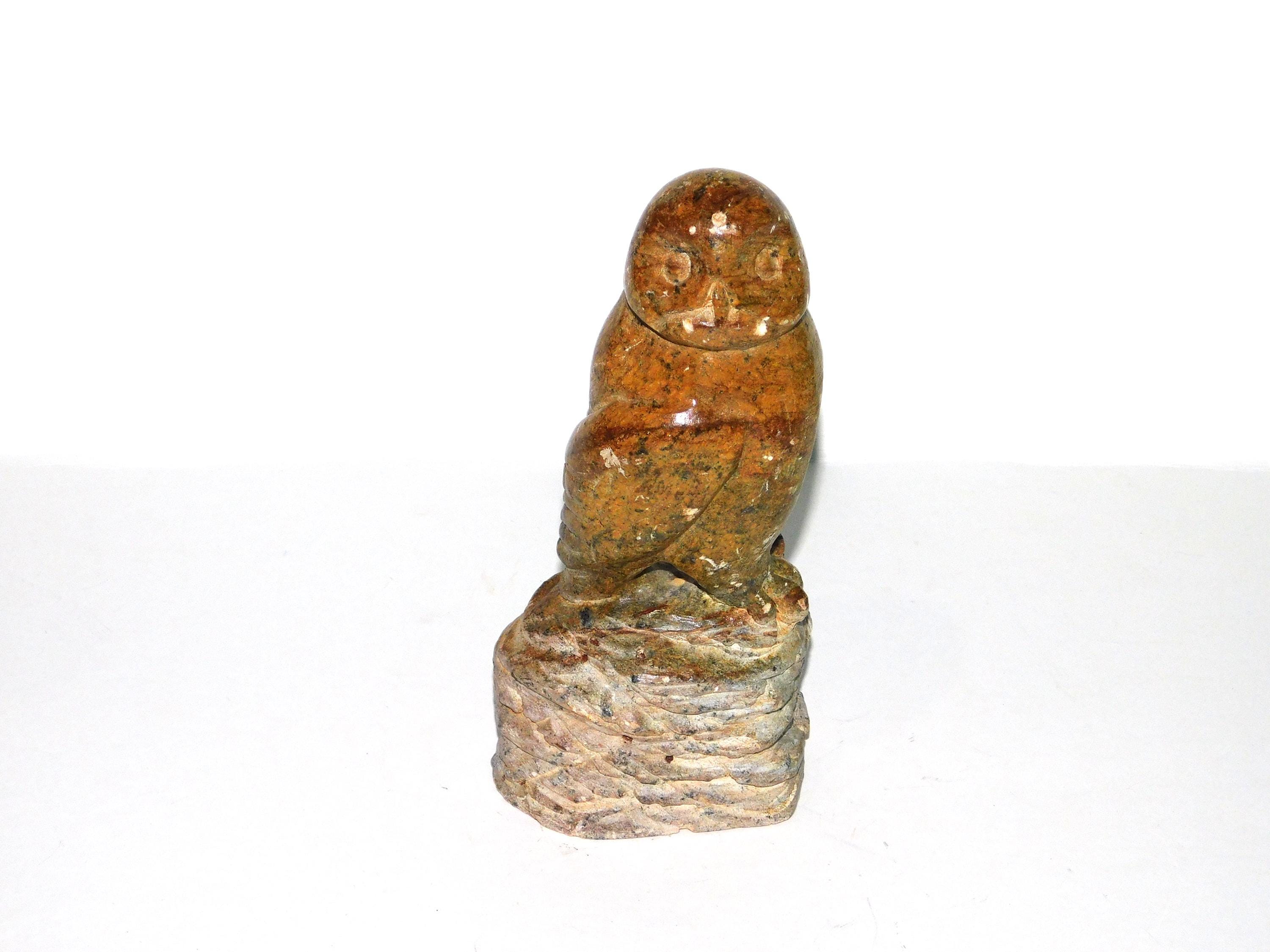 Vintage Alaska Soapstone Owl Carving Carved Brown Stone Rock Perch Wings Back 7.5" high