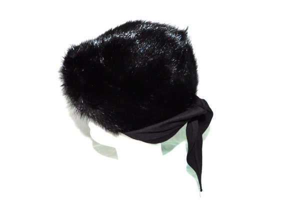 Vintage Black Fur Canadian Hat Size 22 Wool Tie Back Lined  display picture 3
