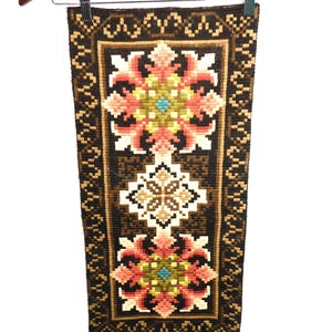 Vintage Needlepoint Tablerunner Table Runner Brown Pink Blue Geometric Floral 12 x 26&quot; Hand Made