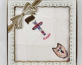 Vintage Alaska Totem Pole Husky Dog Handkerchief Embroidered Cotton Fabric NEW NIP USA Made