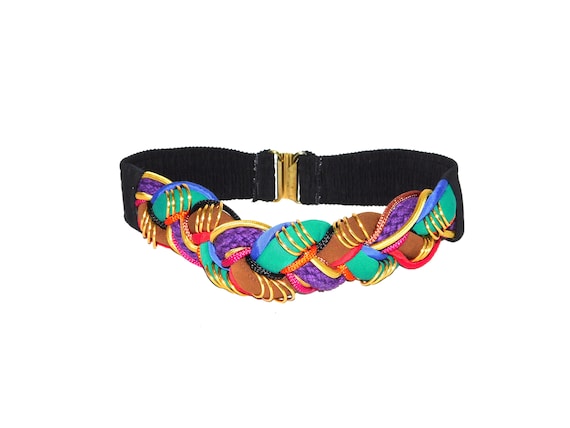 Vtg 80s XS S Colorful Braided Fabric Belt Summer … - image 1
