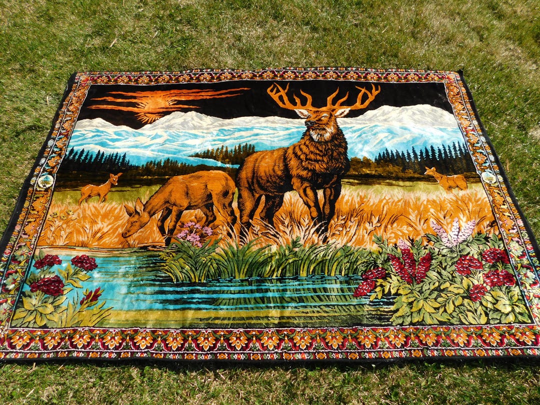 Vtg 70s Deer Stag Tapestry Rug Wall Hanging Dark Brown Winter Mountain ...