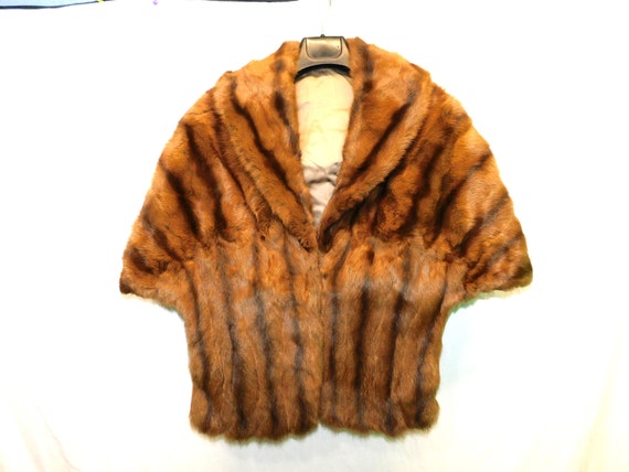 Vintage Brown Striped Rabbit Fur Stole Cape Coat … - image 2