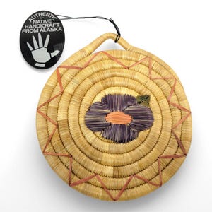 Vintage Purple Flower Alaska Coiled Grass Woven Wall Hanging Theresa Tangbak Alaska Eskimo Native Made Inuit