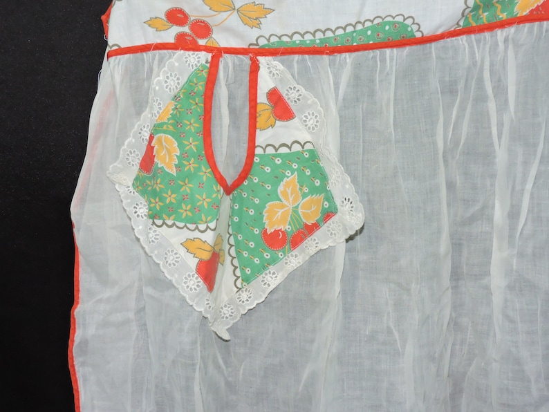 Vintage White Red Cherry Apron Cherries Tie Waist Kitchen Hostess 50s 60s Chiffon Cotton