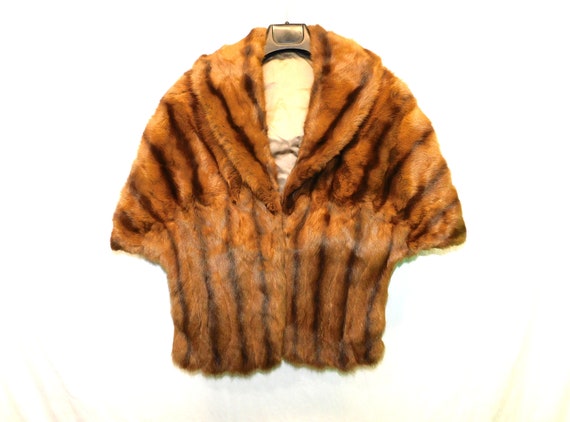 Vintage Brown Striped Rabbit Fur Stole Cape Coat … - image 1