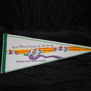 1996 Arctic Winter Games Chugiak Eagle River Alaska Pennant Circumpolar Ulu Salmon Fish Logo White Purple Orange Vintage AK