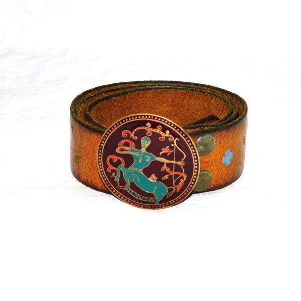 Vintage M Kathy Sagittarius Tooled Leather Belt with Brass Zodiac Buckle 1970s Hippie Boho Alaska Forget Me Not Flowers