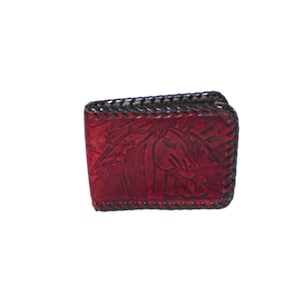 Vintage Pferde Cowboy Western Punzierte Leder Geldbörse Dunkelbraun Bifold