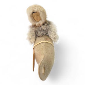 Vintage Alaska Native Eskimo Fur Kayak Doll Wood Carved Face Inuit Made 12&quot; Long