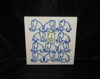 Vtg 1980 Blue Green Elephants Fabric Textile Art Cassandra On Wood Frame Nursery Child's Room Picture Wall Hanging