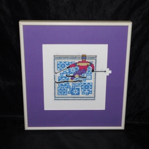 Downhill Skier Skiing Framed Cross Stitch Picture Purple White Blue10.5 x 11.5 in Vintage 90s Handmade Textile Art Winter Snow