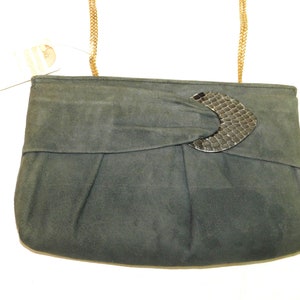 Cartera de mano de piel de ante gris Ande vintage de los años 80 con detalles de piel de cocodrilo, cierre de cremallera en la parte superior, cadena opcional, nuevo sin usar