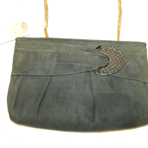 Vtg 80s Ande Gray Suede Leather Clutch Purse Alligator Leather Accent Zip Top Optional Chain Unused NWT