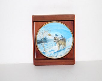 Lone Wolf Alaska Hand Painted Mini Gold Pan in Wood Shadow Box Signed Woldon 1994 Winter Cabin Snow Scene