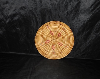 Vtg Alaska Native Yupik Eskimo Basket, ręcznie tkany płaski talerz, brązowo-czerwono-fioletowy, wzór Inuit, 8,5" średnicy