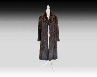 Vintage German Size 34 S Dark Brown Rabbit Fur Coat Shin Length Trench Winter Party Formal