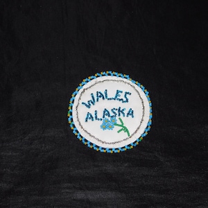 Vtg 1970s Wales Alaska Beaded Leather Patch Eskimo Made Hand Beaded Forget Me Not Flowers White Blue Yellow