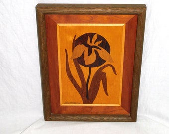 Alaska Iris Wild Flower Marquetry Signed Framed Wood Art Picture Oak Cherry Mahogany Hand Made Wall Hanging