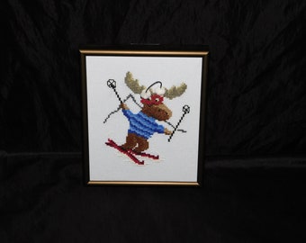 Vtg Alaska Skiing Moose Downhill Ski Cross Stitch Picture Framed Textile Art Gray Brown Red Blue