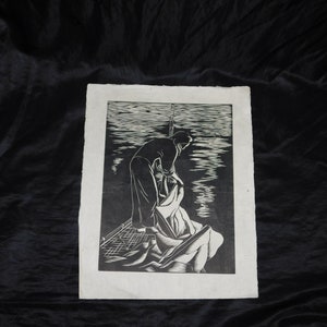 Alaska Black White Commercial Fishing Woman on Boat Wood Block Print Art Unsigned Alaskan