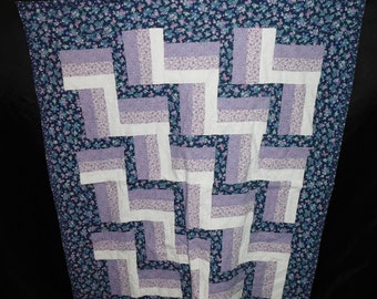 Vtg Purple Blue White Floral Rail Fence Striped Lap Quilt Hand Made Cotton 41 x 36"