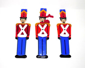 Set 3 Fused Glass Toy Soldier Christmas Ornaments Flat 10 in High Holiday Hanging Suncatcher Handmade