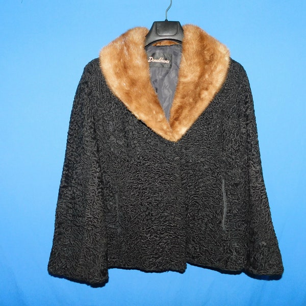 Vtg Donaldson's XL Black Persian Curly Lamb Fur Coat Brown Mink Fur Collar Winter Formal Party Evening Hook Front Woman Jacket