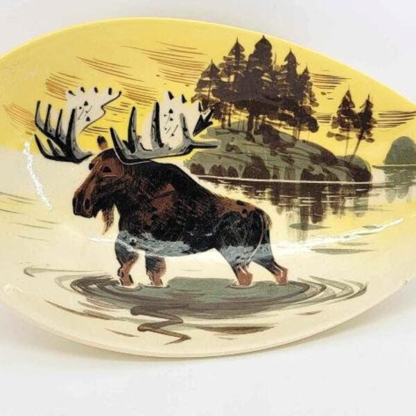 Vtg Alaska Matthew Adams Painted Yellow Brown Bull Moose Walking Through Lake Bowl Platter Footed Dish CHIP 1960s MCM Lodge