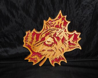 Vtg Canada Wolf In Maple Leaf Wood Carving Wall Plaque Hanging Red Resin Background Mountain Spruce Trees Canadian