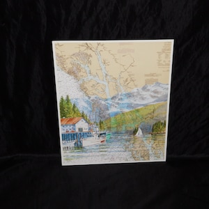 Carte marine du sud-est de l'Alaska, voyage dans le nord, impression d'art, bateaux de pêche, quai, voilier signé Brenda Schwartz