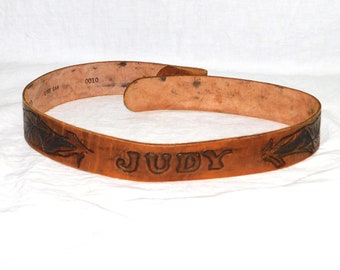 Vtg JUDY Brown Tooled Leather Belt Size 30 Hippie Boho Live Oak Leaf Leaves Vintage 60s 70s