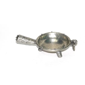 Vintage Norway Made Tinn Handarbeide Pewter Serving 3 Footed Bowl With Handle Top Rung For Hanging Hand Crafted Viking Nordic
