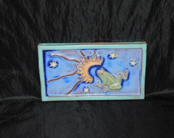 Eartha Pottery Blue Green Frog Flower Tile Hand Made Arts Crafts Mission Style 4.75 x 8.5 in