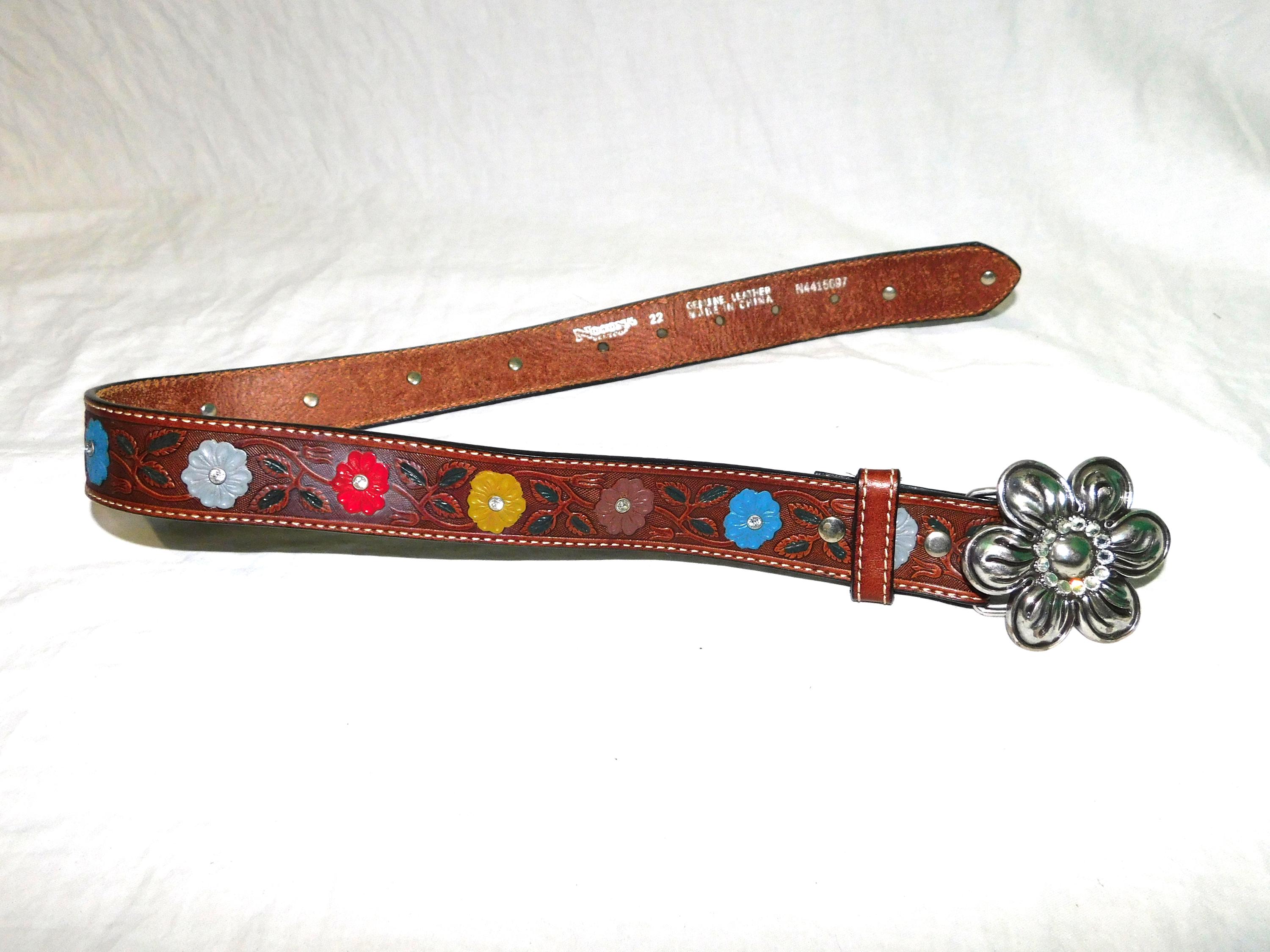 Nocona Blue Leather Belt 26 Crystal Studded Western Silver Floral Buckle Cowgirl Girl main image 3