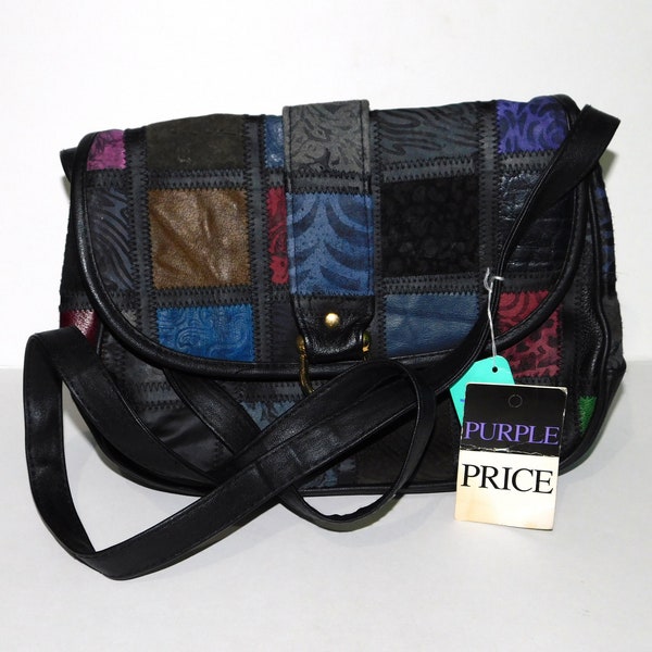 Vintage 80s NWT  Piatto Black Red Blue Purple Patchwork Leather Purse Crossbody Shoulder Bag