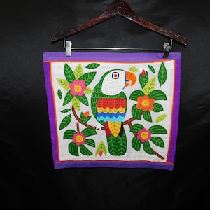 Mola Parrot Bird Panama Kuna Indian Textile Fabric Panel 16x18&quot; Embroidered Applique Purple Pink Green Red Orange Yellow Blue Colorful
