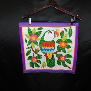 Mola Parrot Bird Panama Kuna Indian Textile Fabric Panel 16x18" Embroidered Applique Purple Pink Green Red Orange Yellow Blue Colorful